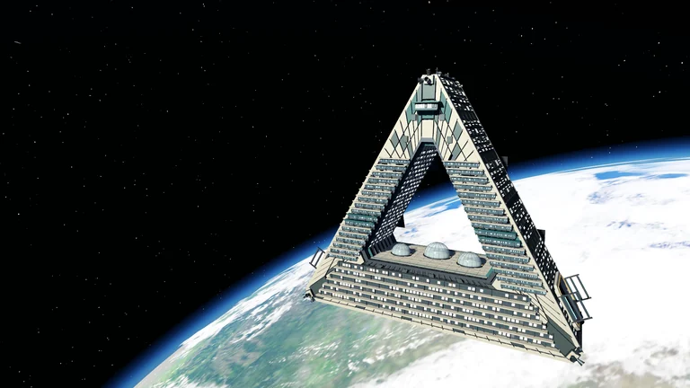 Triangular starport above a planet's blue horizon against a starfield.