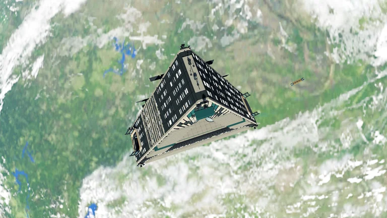 Civilian starport above the continents and clouds of a planet.