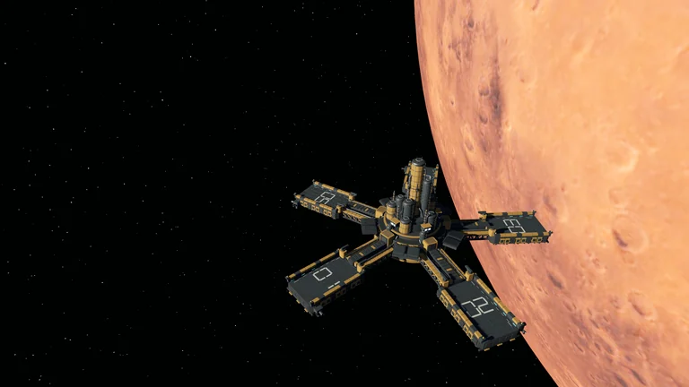 Industrial mining station beside the limb of an orange moon.