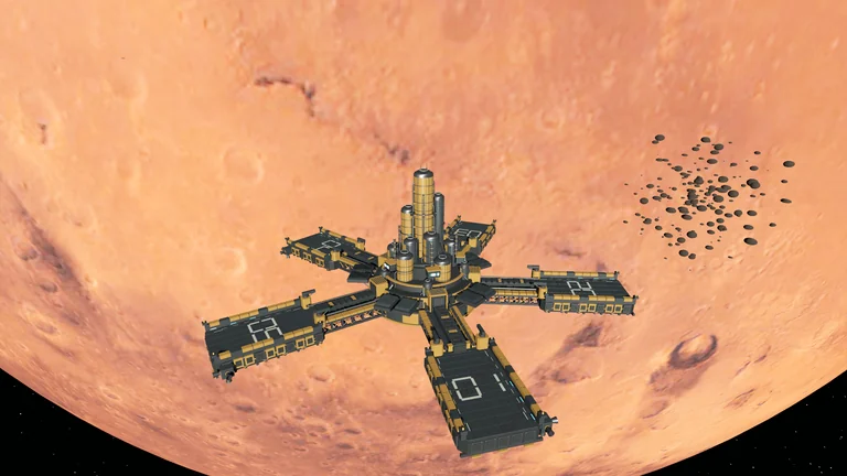 Mining station with five numbered landing platforms against a moon.