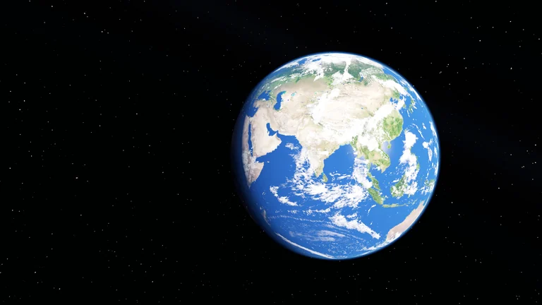 Blue ocean planet with continents, clouds and atmosphere.