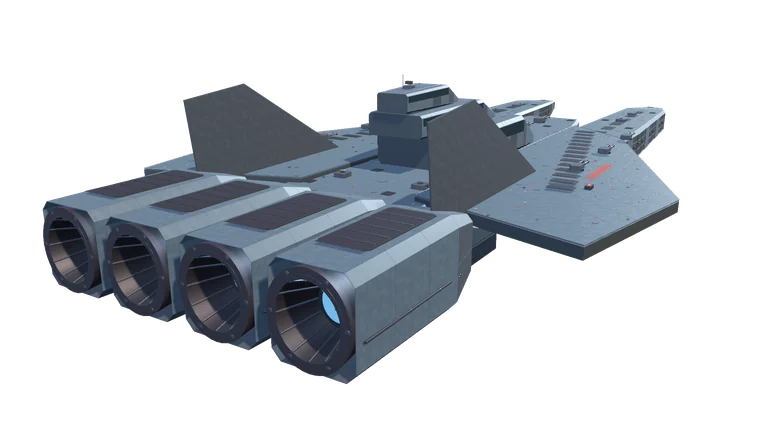 Large combat ship, rear three-quarter view, on a transparent background.