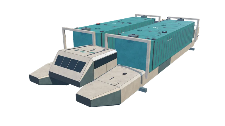 Small freighter, front three-quarter view, on a transparent background.