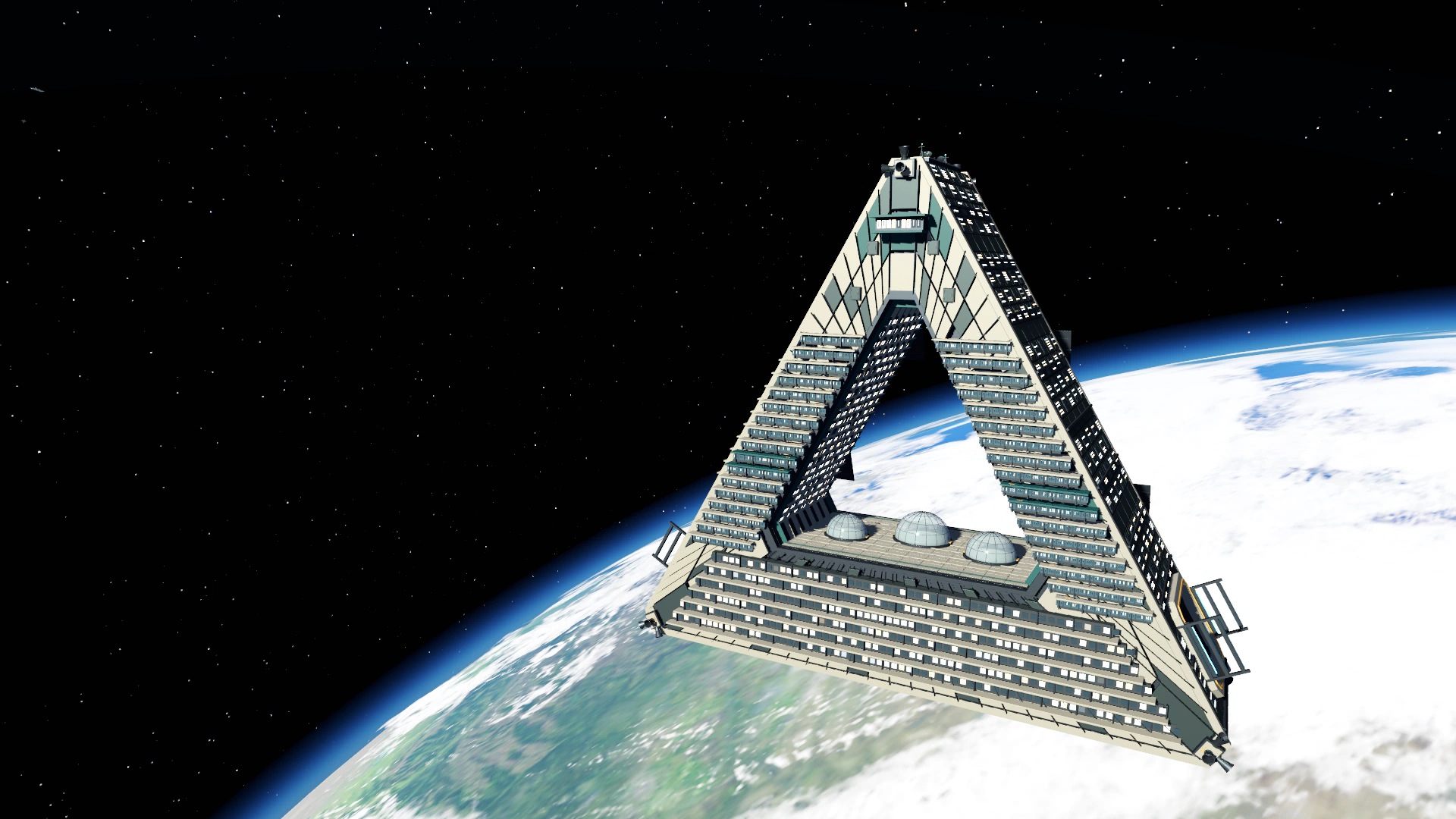 Triangular starport above a planet's blue horizon against a starfield.